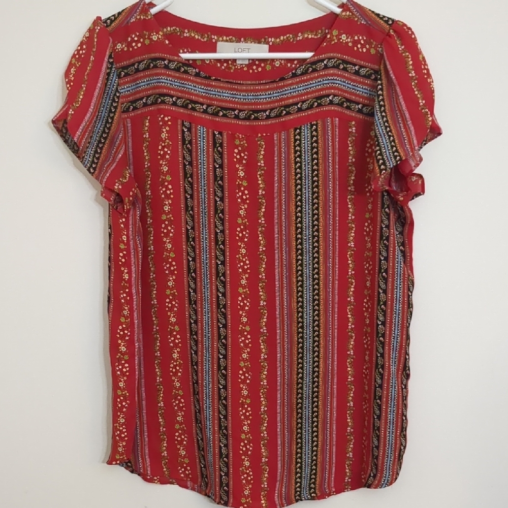 LOFT Red and Black Blouse Short Split Sleeves Size M Like New